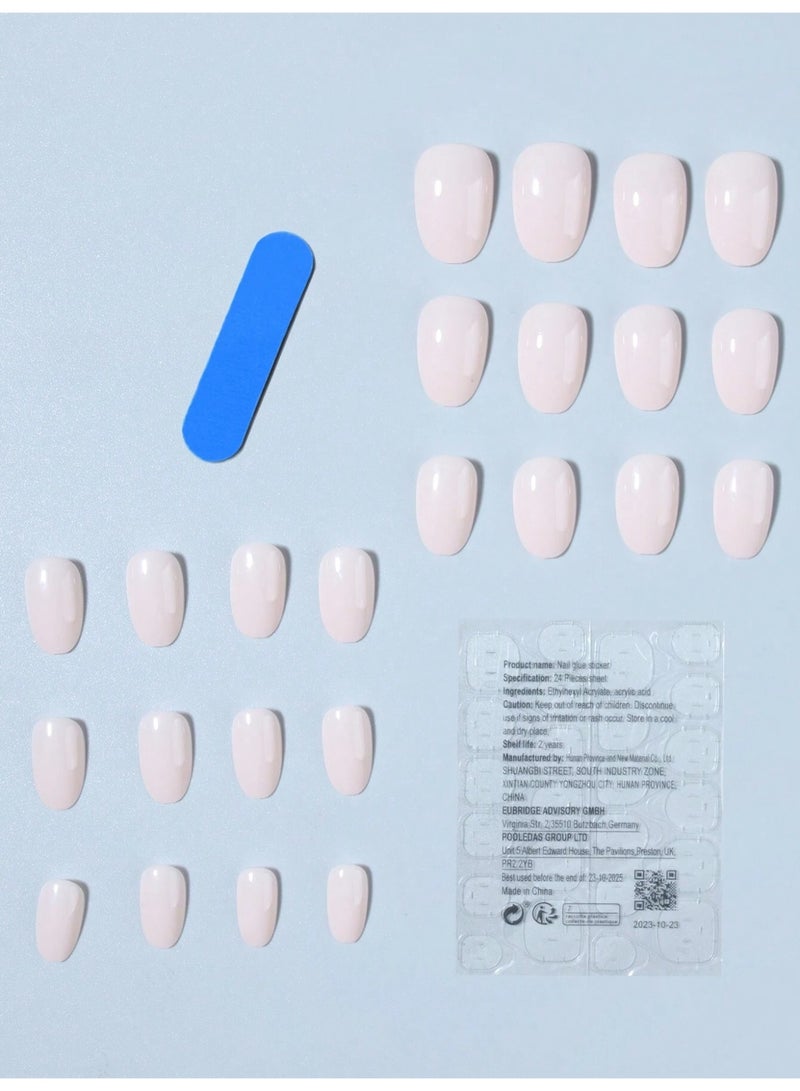 خاجول 24Pcs أظافر لاصقة بلون بيج أبيض موحد، أظافر أكريليك لوزية متوسطة الطول مع مبرد أظافر وغِراء جيلي، عدة أظافر صناعية بسيطة كاملة التغطية للنساء للعناية الذاتية بالأظافر - Image 4